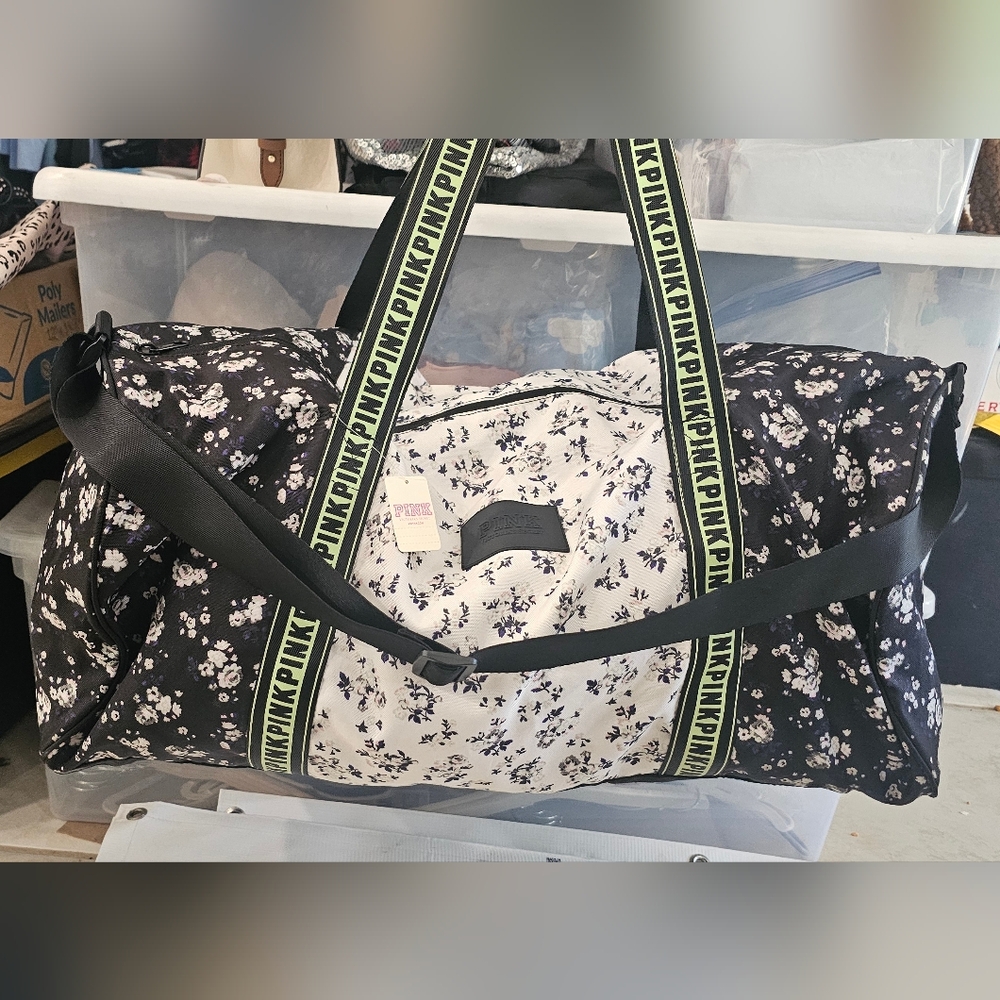 Victoria's Secret PINK Floral Duffel Bag - Black Accent NWT